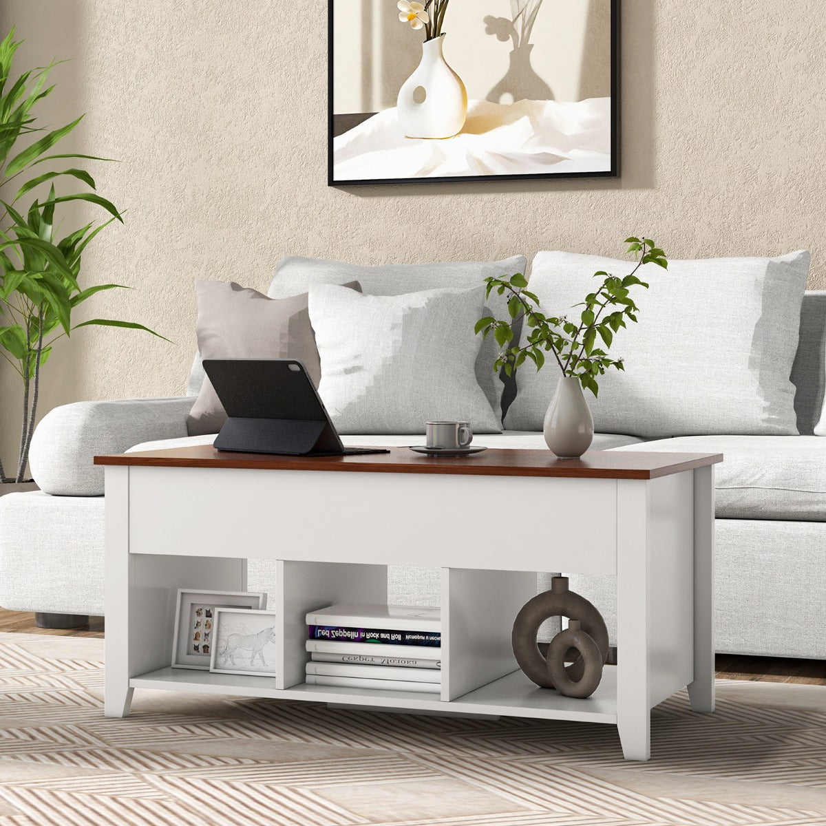Soffbord – med lyftplatta förvaringsutrymme och öppna hyllor höjdjusterbar – 3 104,5 x 49 x 48-62,5 cm – Vit