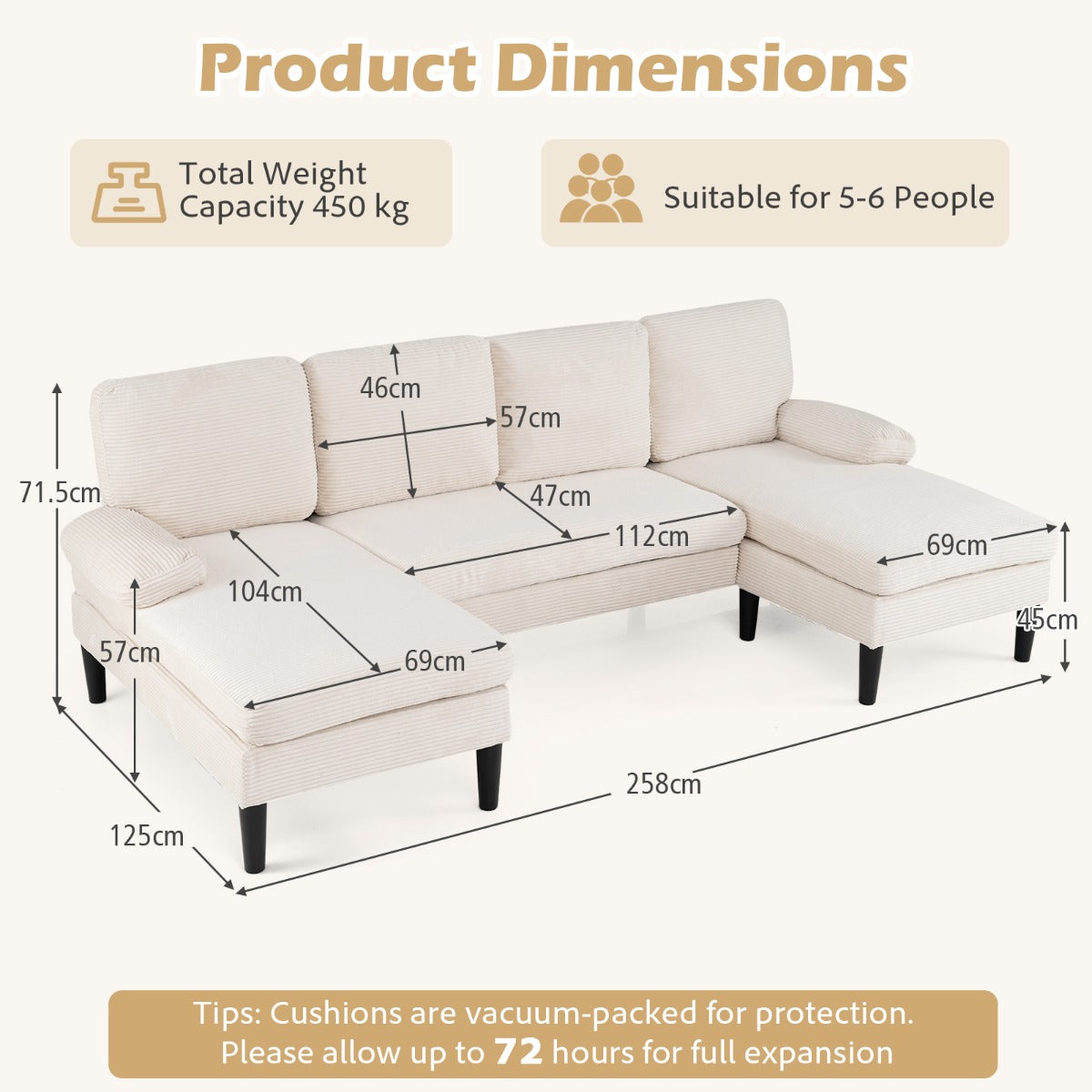 U – formad soffa för personer, Cloud med tyg i kord, modern – 5-6 – Beige