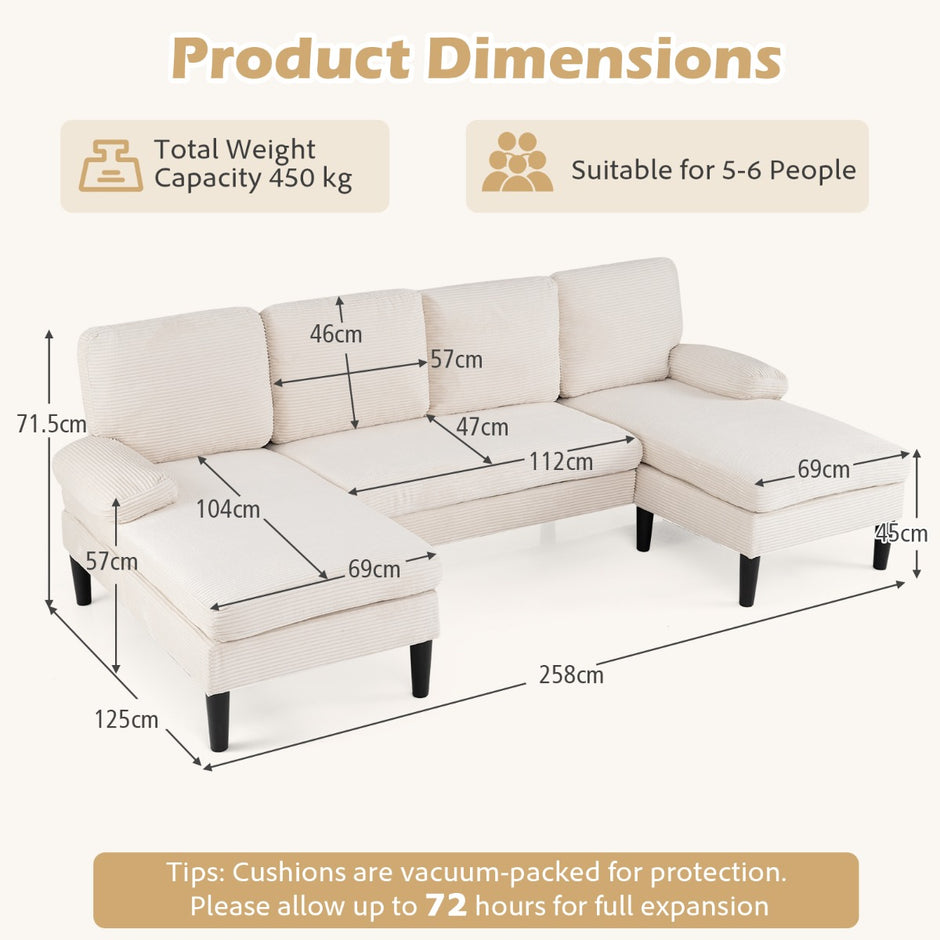 U – formad soffa för personer, Cloud med tyg i kord, modern – 5-6 – Beige
