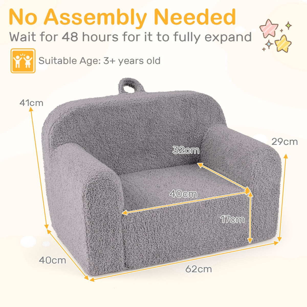 Barnsoffa – Minisoffa med armstöden och ryggstöd, stoppad barnstol – 62 x 40 x 41 cm – Grå