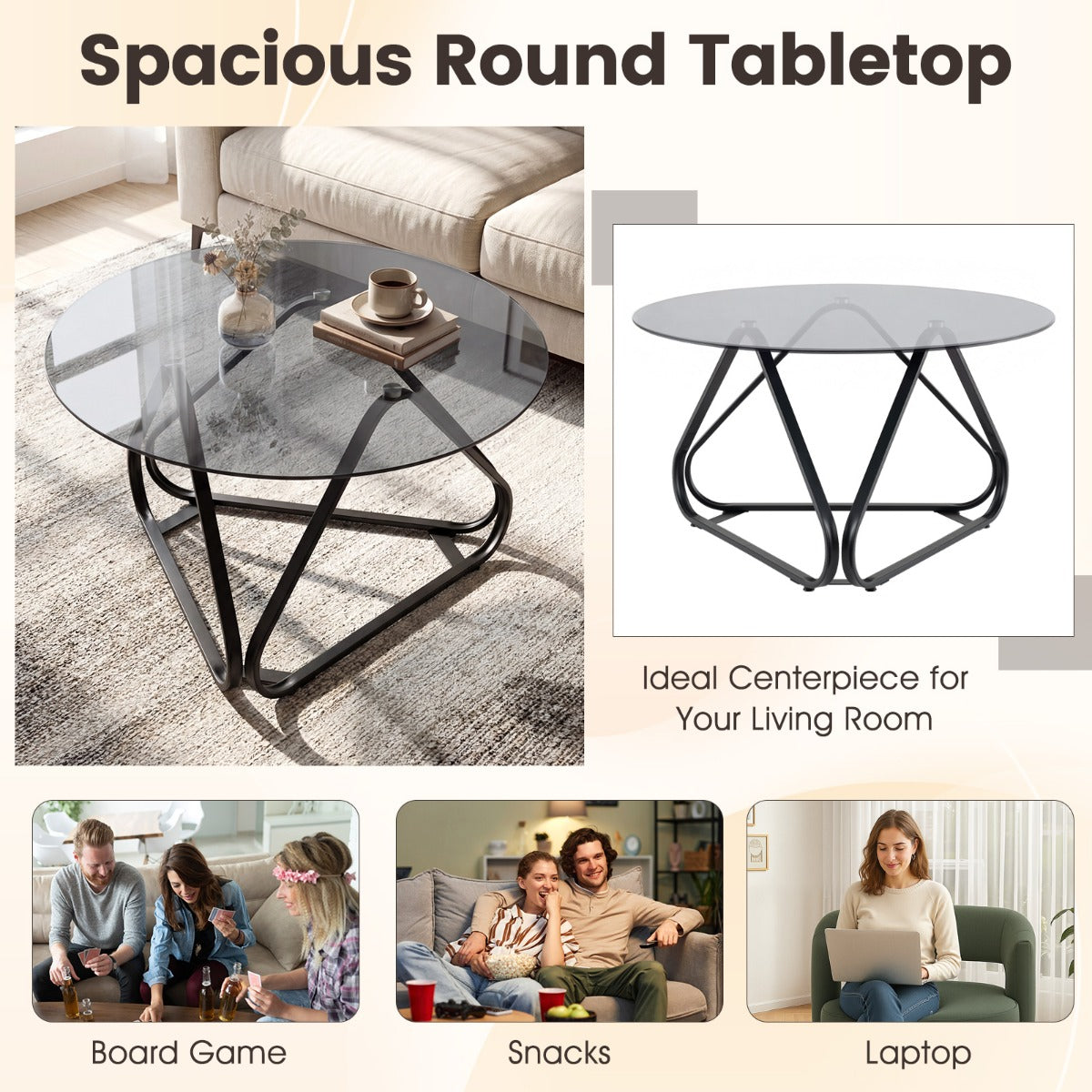 Runt – soffbord med härdat glas och metallram Modernt Sidobord – Svart