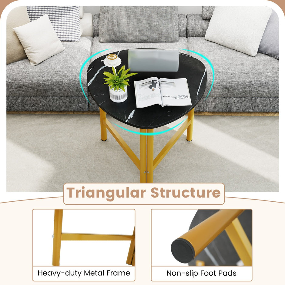 Triangelformat – soffbord, ovalt kaffebord med metallben och trädetaljer, rustikt – Brun + svart