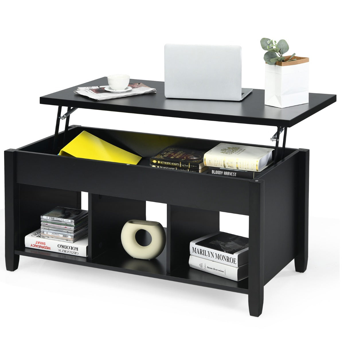 Soffbord – med lyftplatta förvaringsutrymme och öppna hyllor höjdjusterbar – 3 104,5 x 49 x 48-62,5 cm – Svart