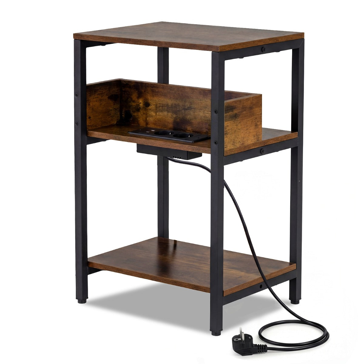 Sidobord – med laddstation, vånings ändbord öppna förvaringshyllor, nattduksbord, rustikalt, brunt. – 3 – Rustik brun