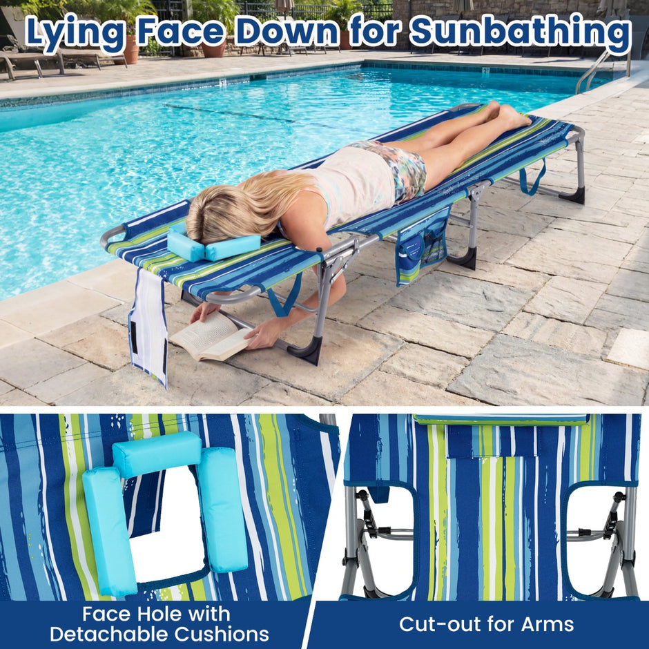 Fällbar – solbädd med hål för huvud och armar trädgårdsbädd justerbar ryggstöd randig – Blå och vit