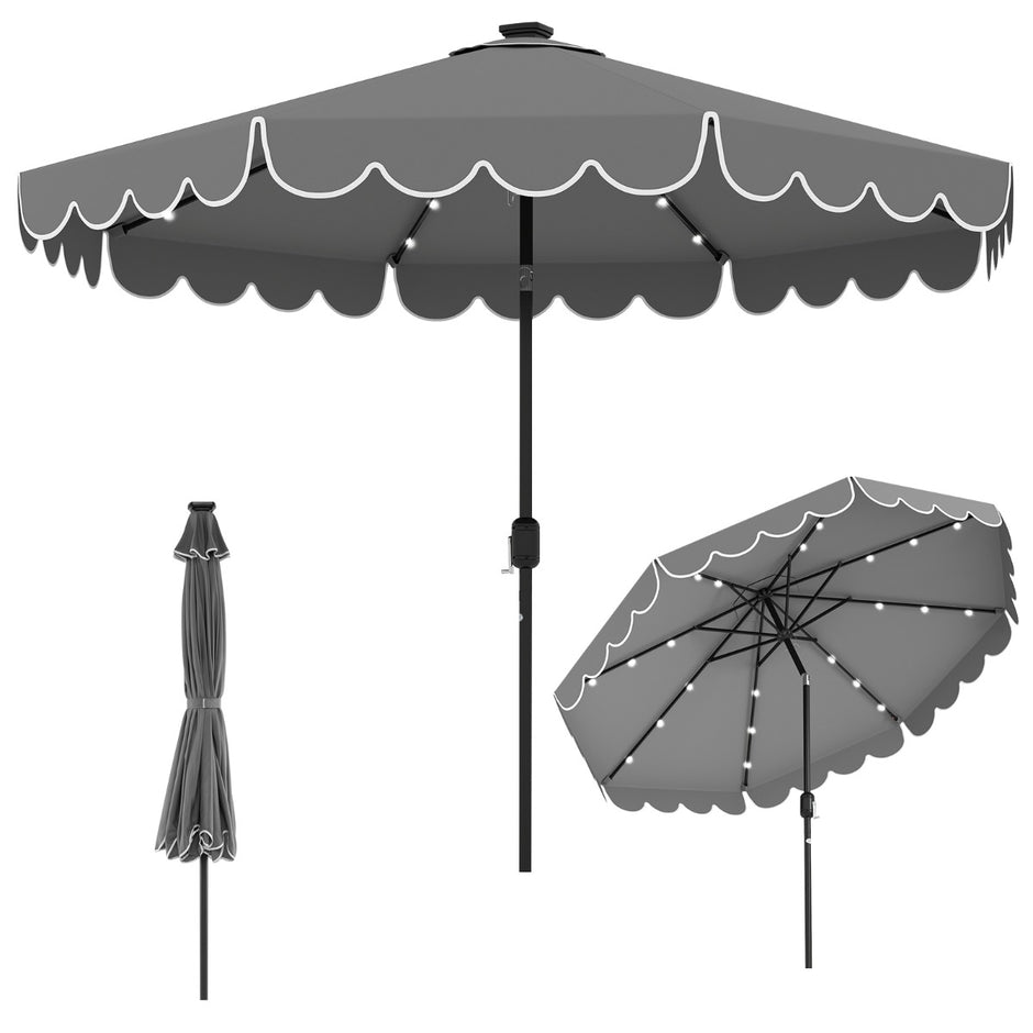 Parasoll – med LED belysning och vev volang, trädgårdsparassoll, marknadsparassoll – 300 cm – Grå