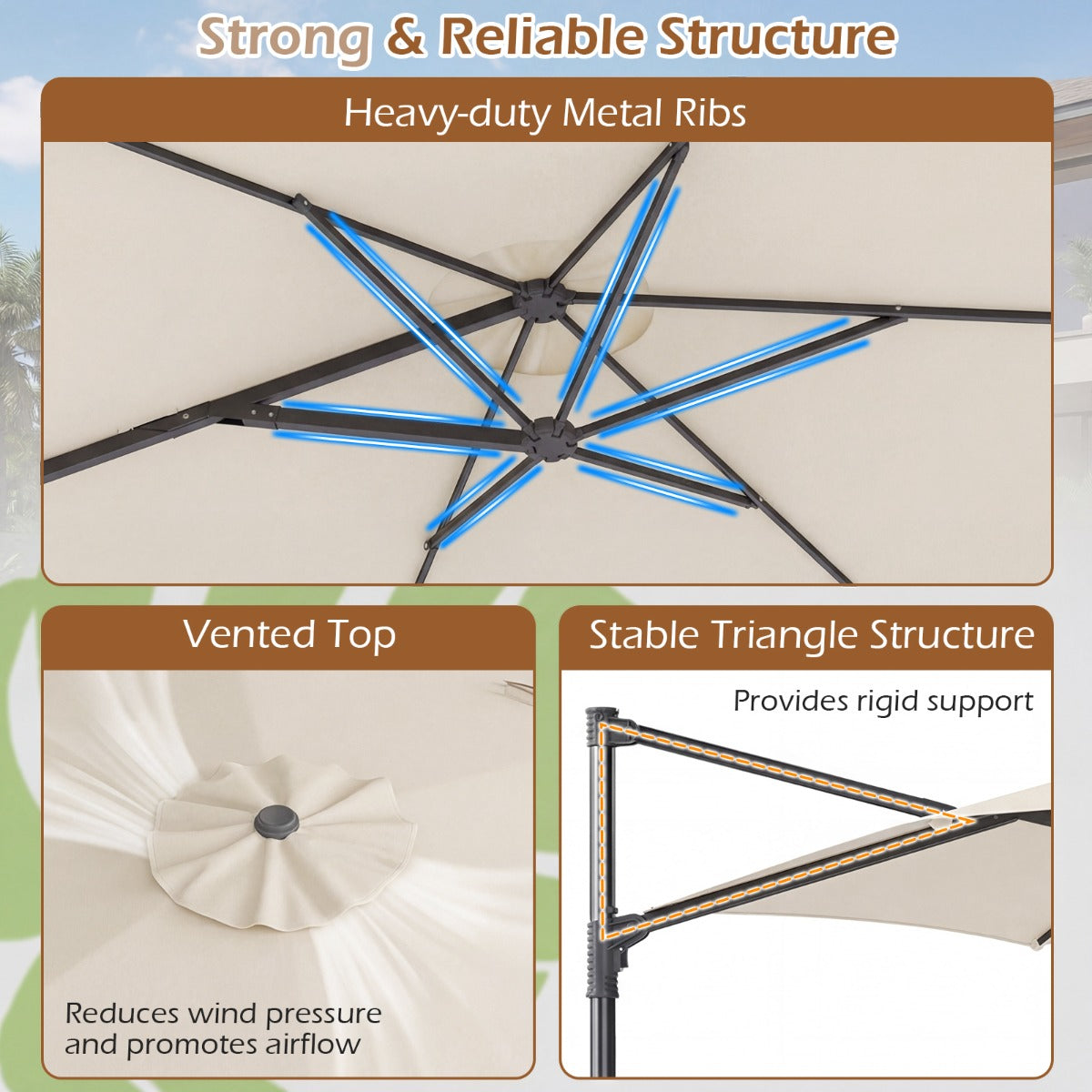 Solskärm – Uthängd med 360° rotation ventilationsöppning korsfot vev – 3 m – Beige