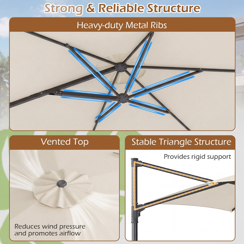 Solskärm – Uthängd med 360° rotation ventilationsöppning korsfot vev – 3 m – Beige