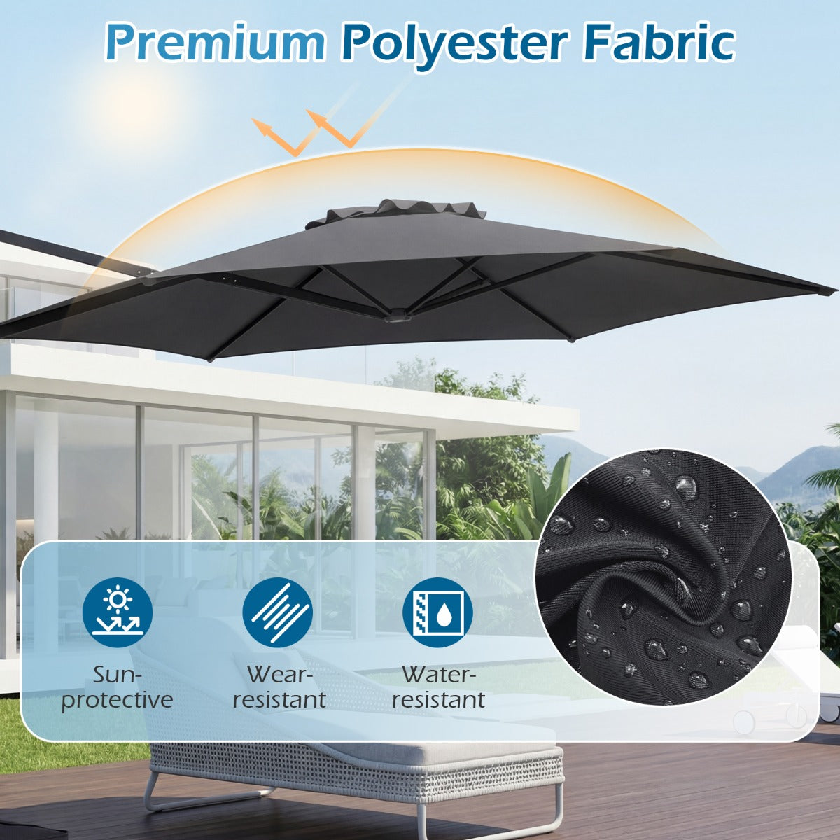 Solskärm – Uthängd med 360° Rotation Ventilationsöppning Korsfot Vev – 3 m – Grå