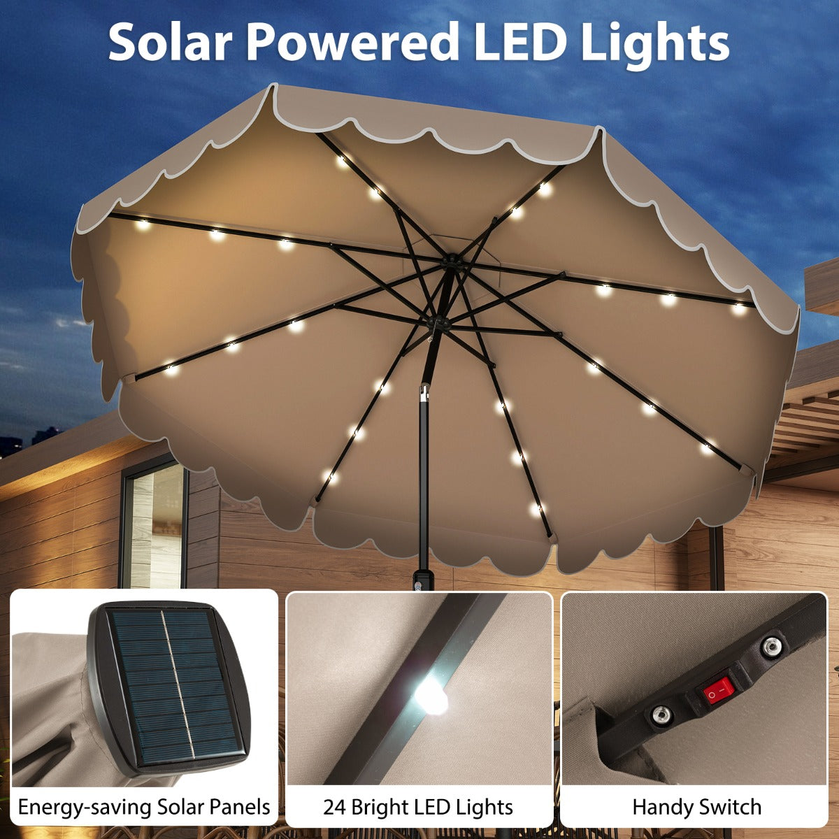 Solskärm – Med Led Belysning och Vrimmel Volant Trädgårdsskärm Marknadsskärm – 300 Cm – Brun