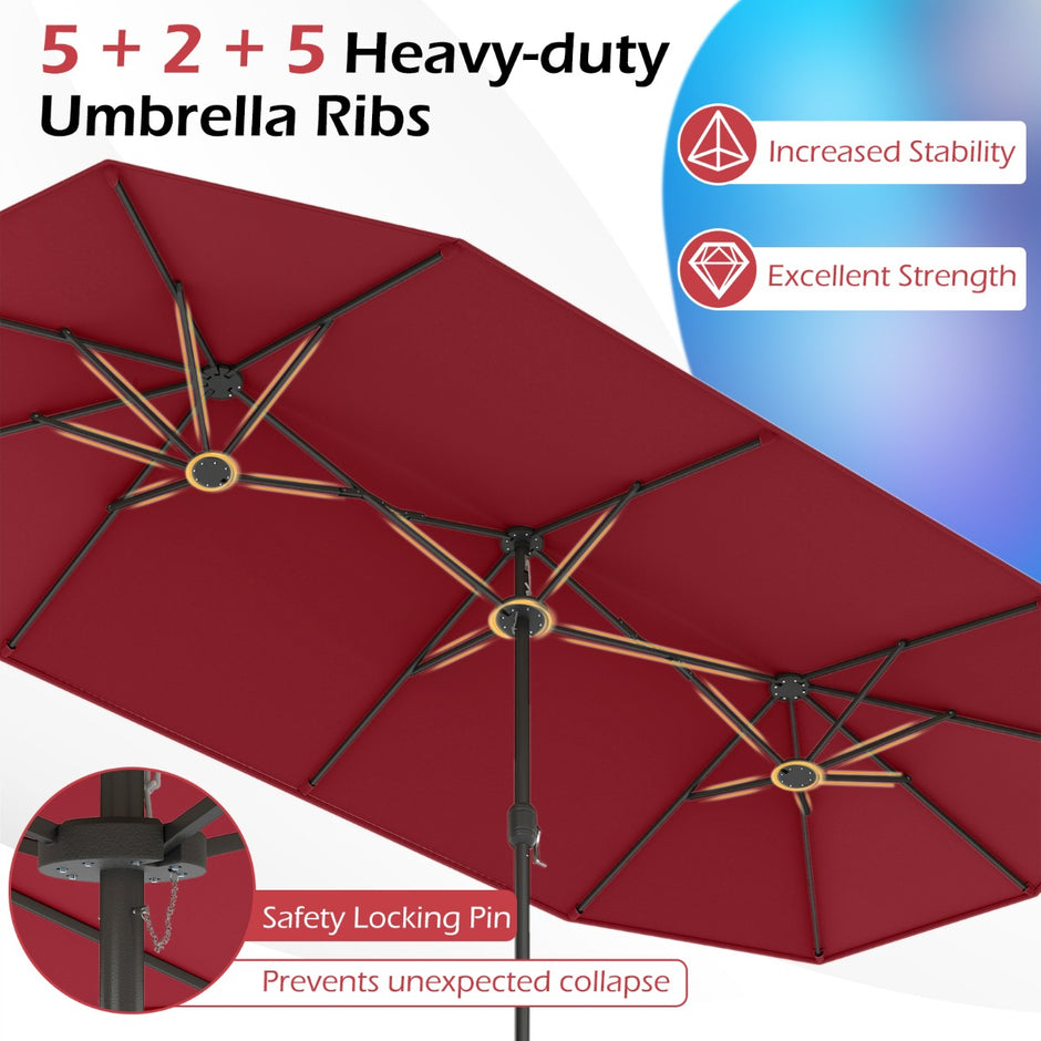 Dubbel – parasoll med stativ, solskydd UPF 50+, – 400 x 200 cm – Vinröd