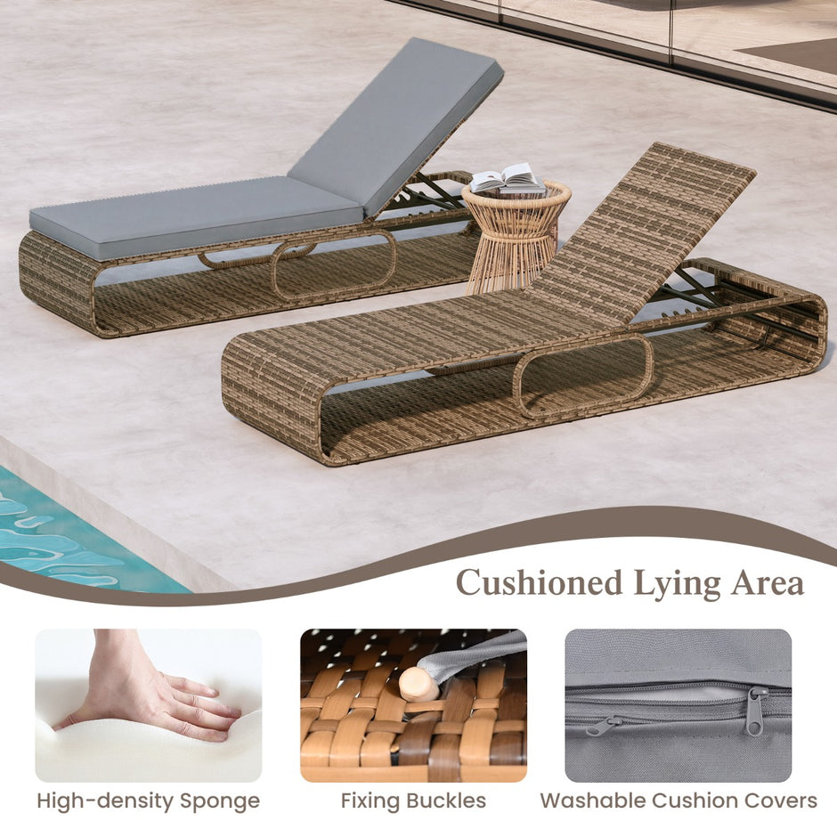 set – rattan solstol med dyn och justerbart ryggstöd, väderbeständig balkongliggstol – 2 – Grå