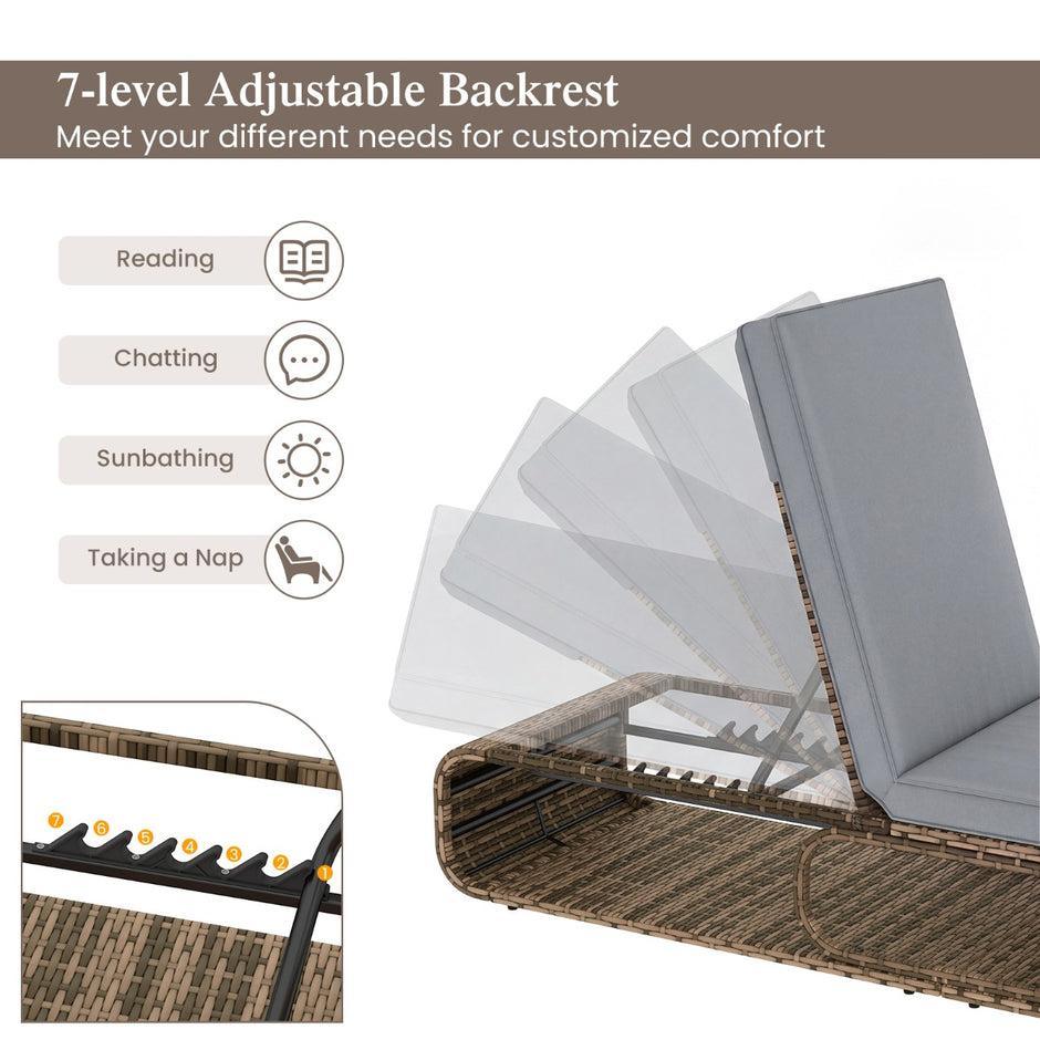 set – rattan solstol med dyn och justerbart ryggstöd, väderbeständig balkongliggstol – 2 – Grå