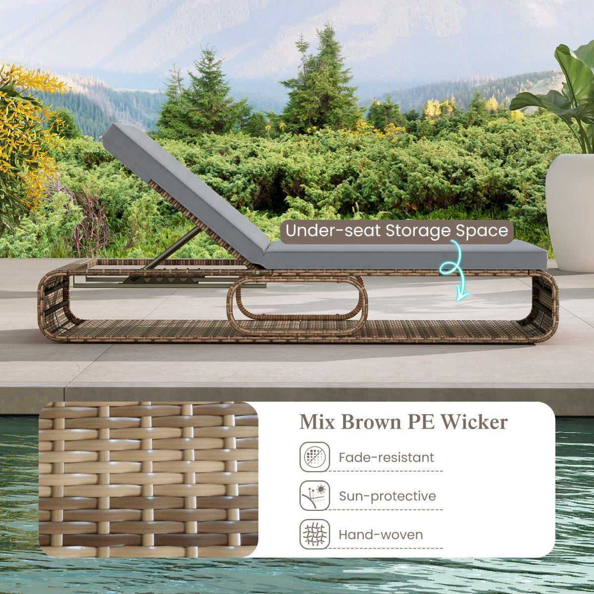 set – rattan solstol med dyn och justerbart ryggstöd, väderbeständig balkongliggstol – 2 – Grå