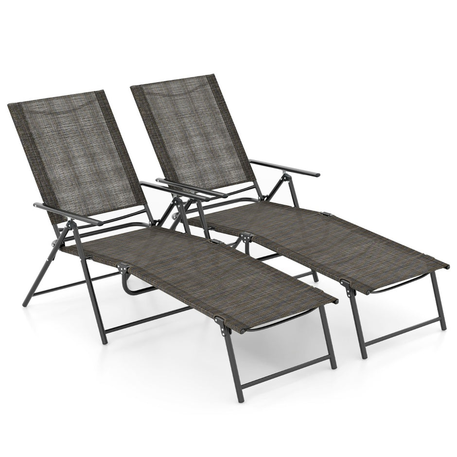 Set – med hopfällbara solstolar justerbart ryggstöd – 2 – Brun