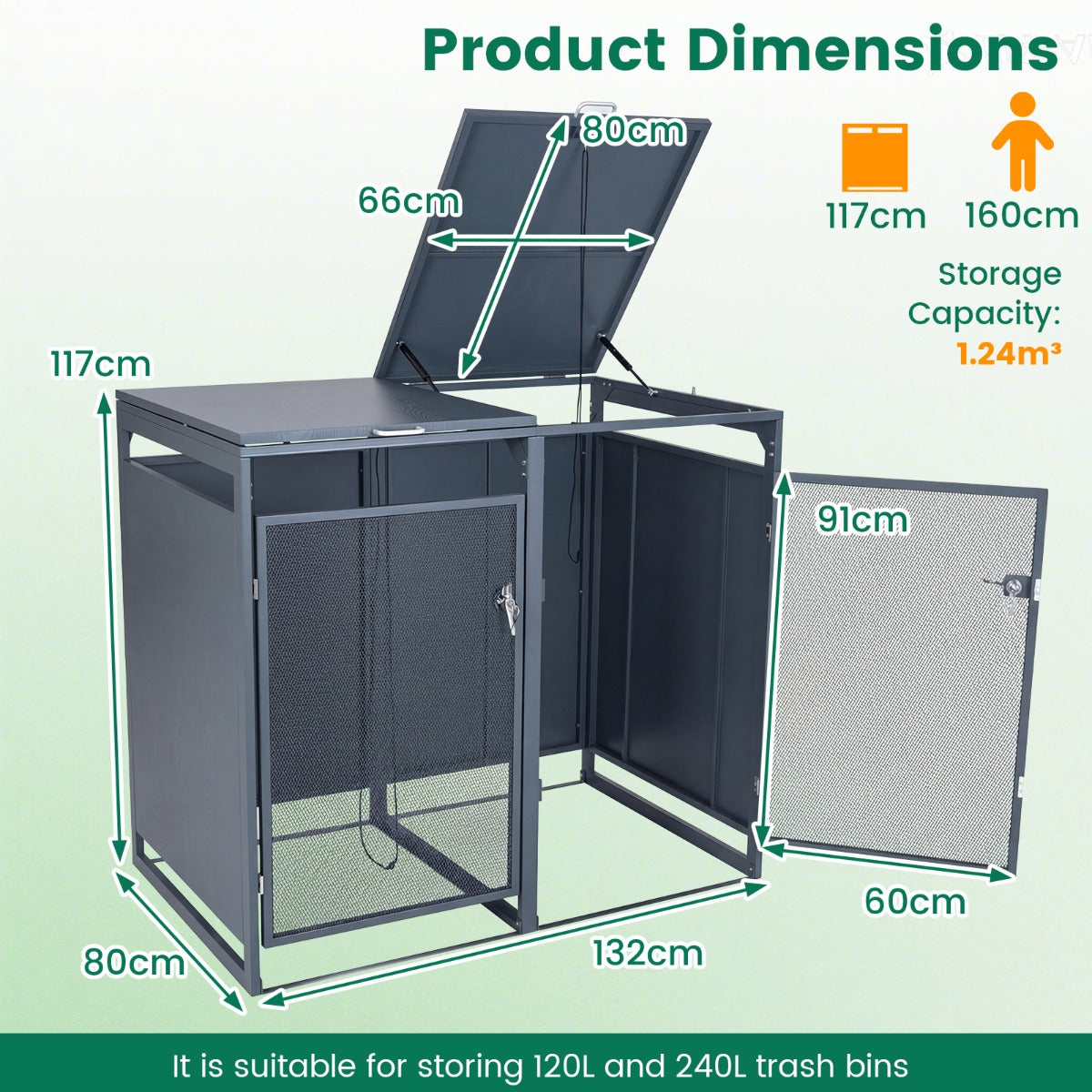 240L – Metallskymningsbox för sopkärl, lock, dubbeldörrar, låsbar, trädgård och terrass – 2 – Grå