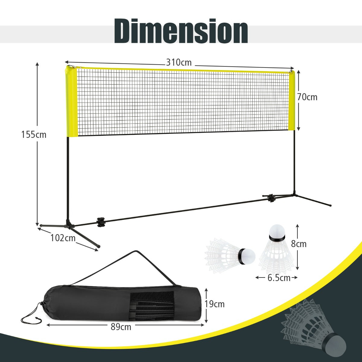 Badmintonnät – med stativ, höjjusterbart fjäderbollsnät fjäderbollar och bärväska Gult – 2 310 x 102 x 89-155 cm – Gul