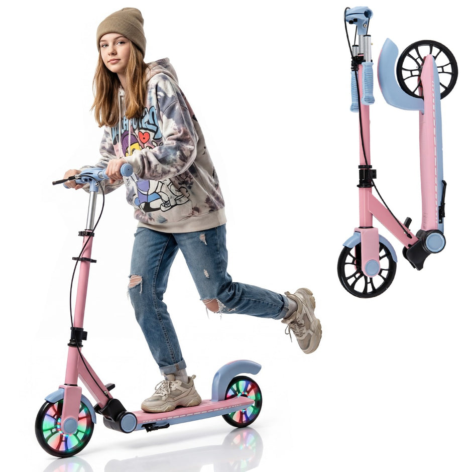 Hopfällbar – sparkcykel med lysande hjul och ställ Höjjusterbar – 2 – Rosa