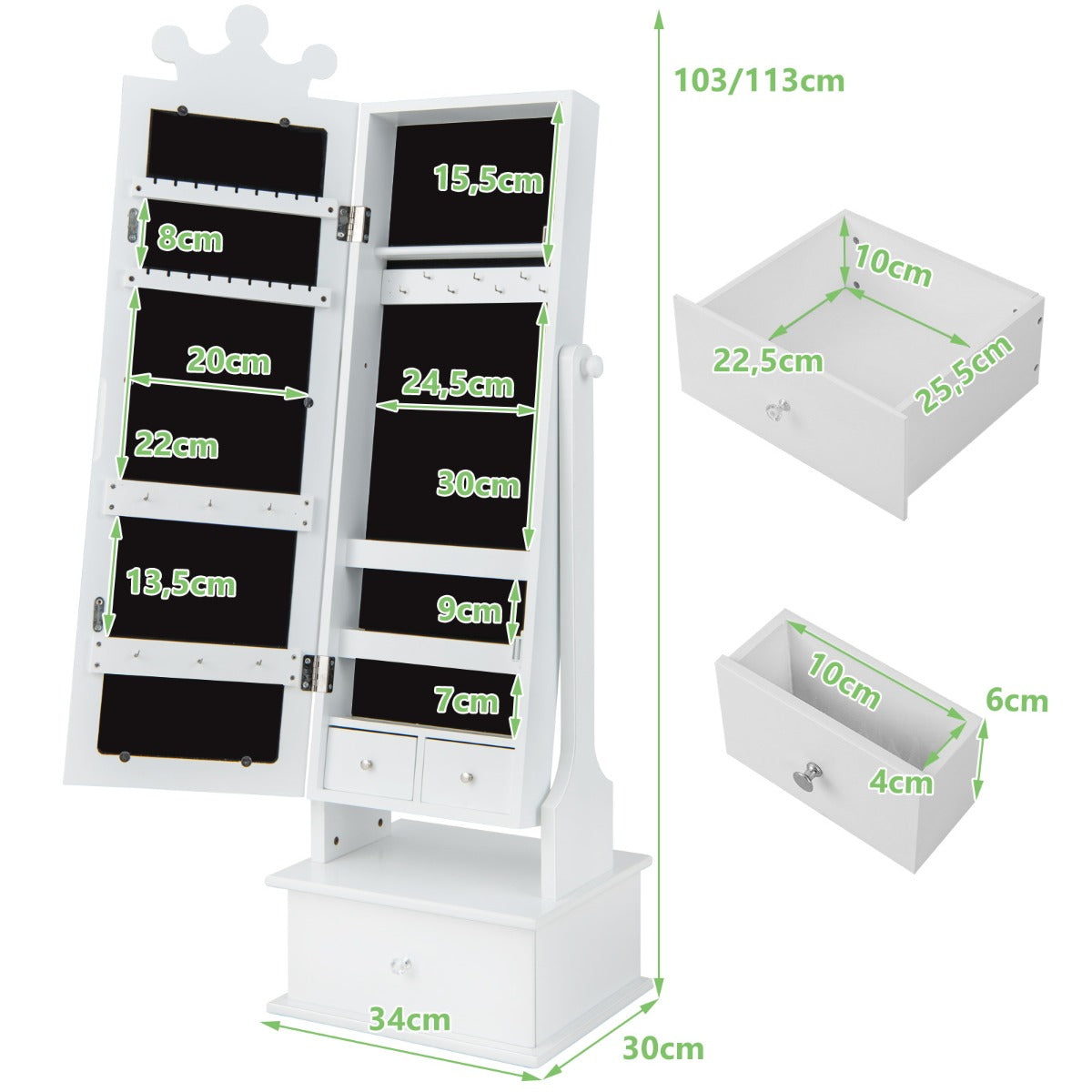Smyckesskåp – för barn med fullängdsspegel och lutningsvinklar lådor Vita – 2 3 – Vit