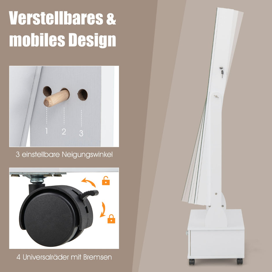 Smyckesskåp – med speglar och Låda Hjul Lampor Smyckesspegel – 3 – Vit