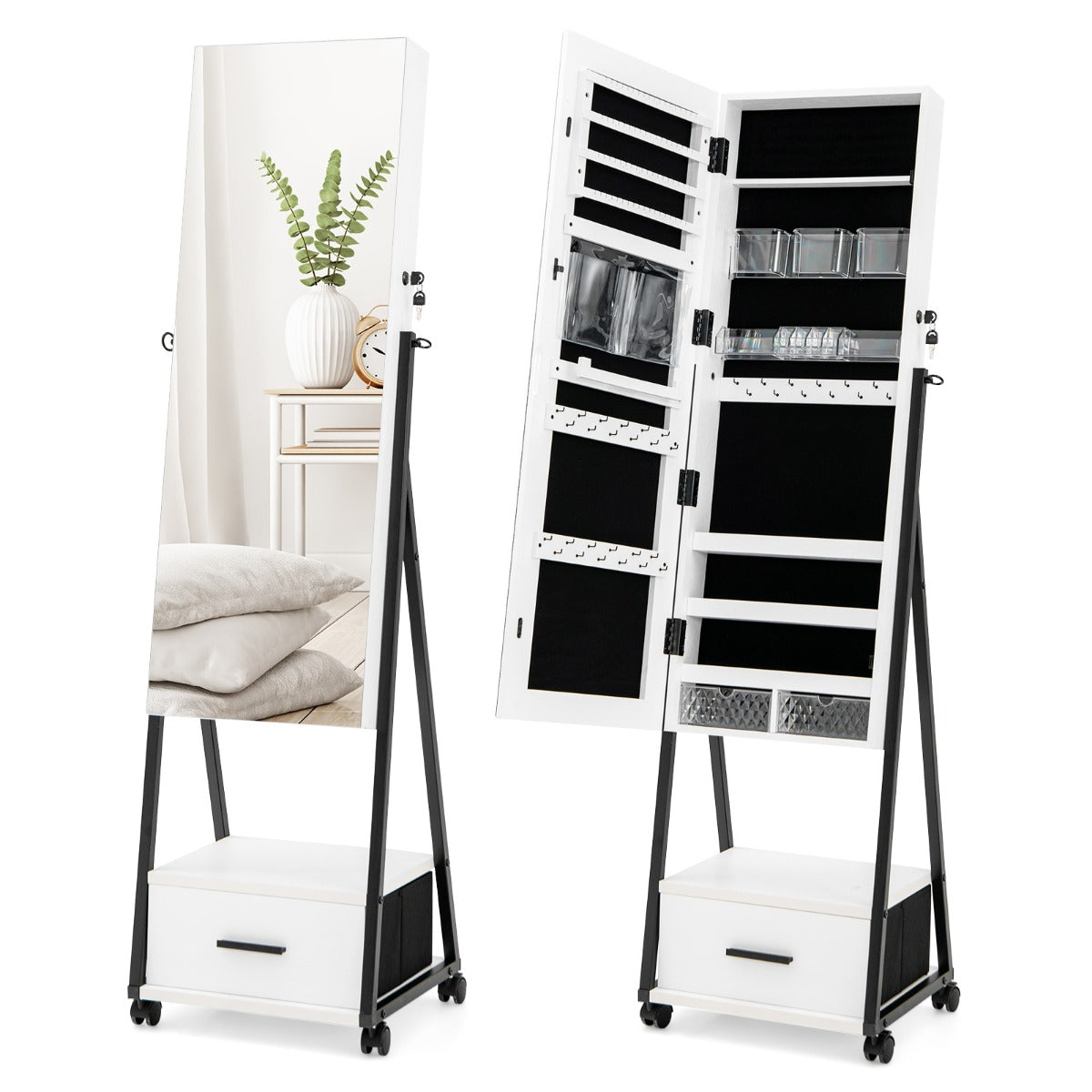 Spegelskåp – Smycken och sminkorganisator med fullängdsspegel – 42 x 38 x 157 cm – Vit
