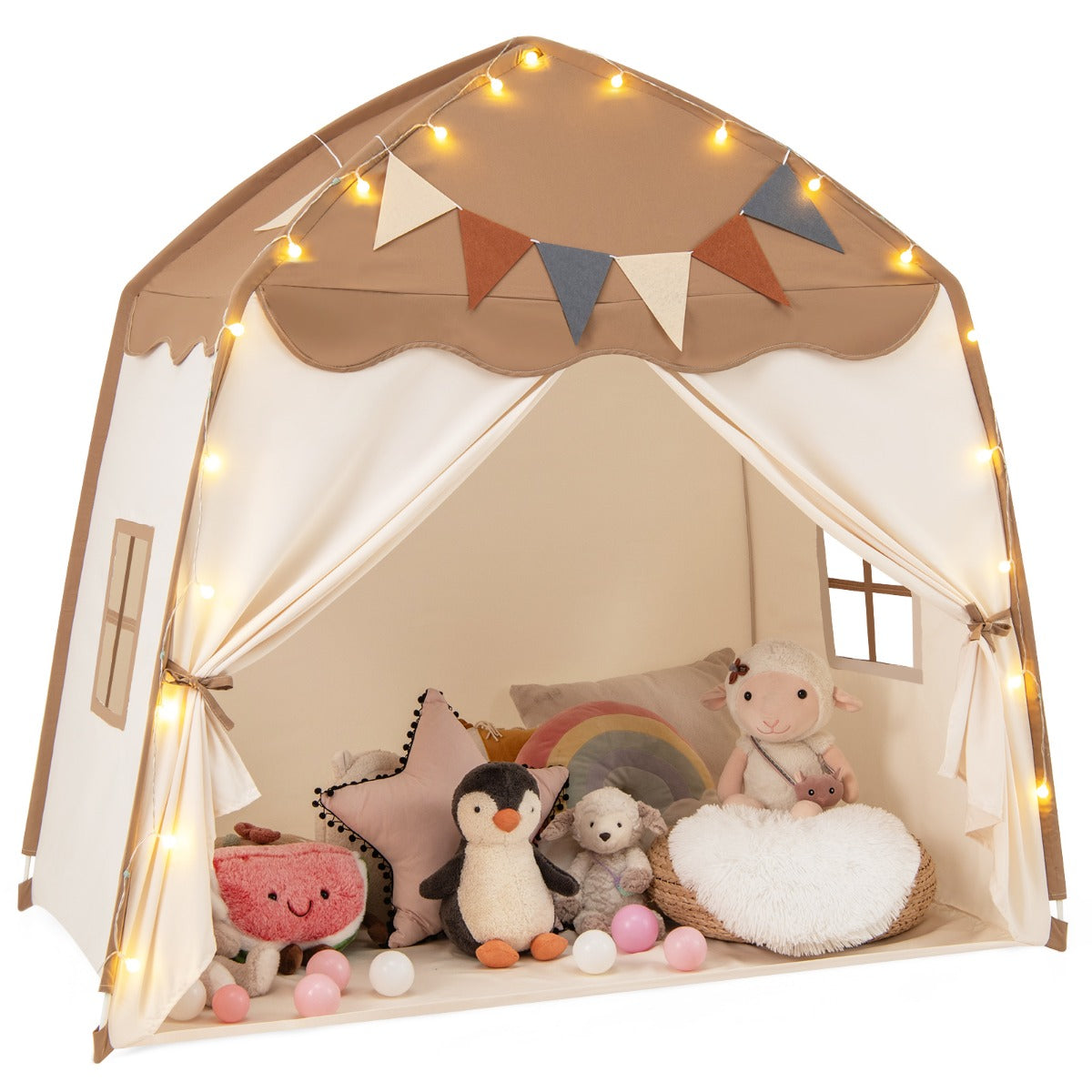 Lekstuga – Barn inomhus med flaggor och Fairy Lights Princess Play Tent Coffee – Kaffe