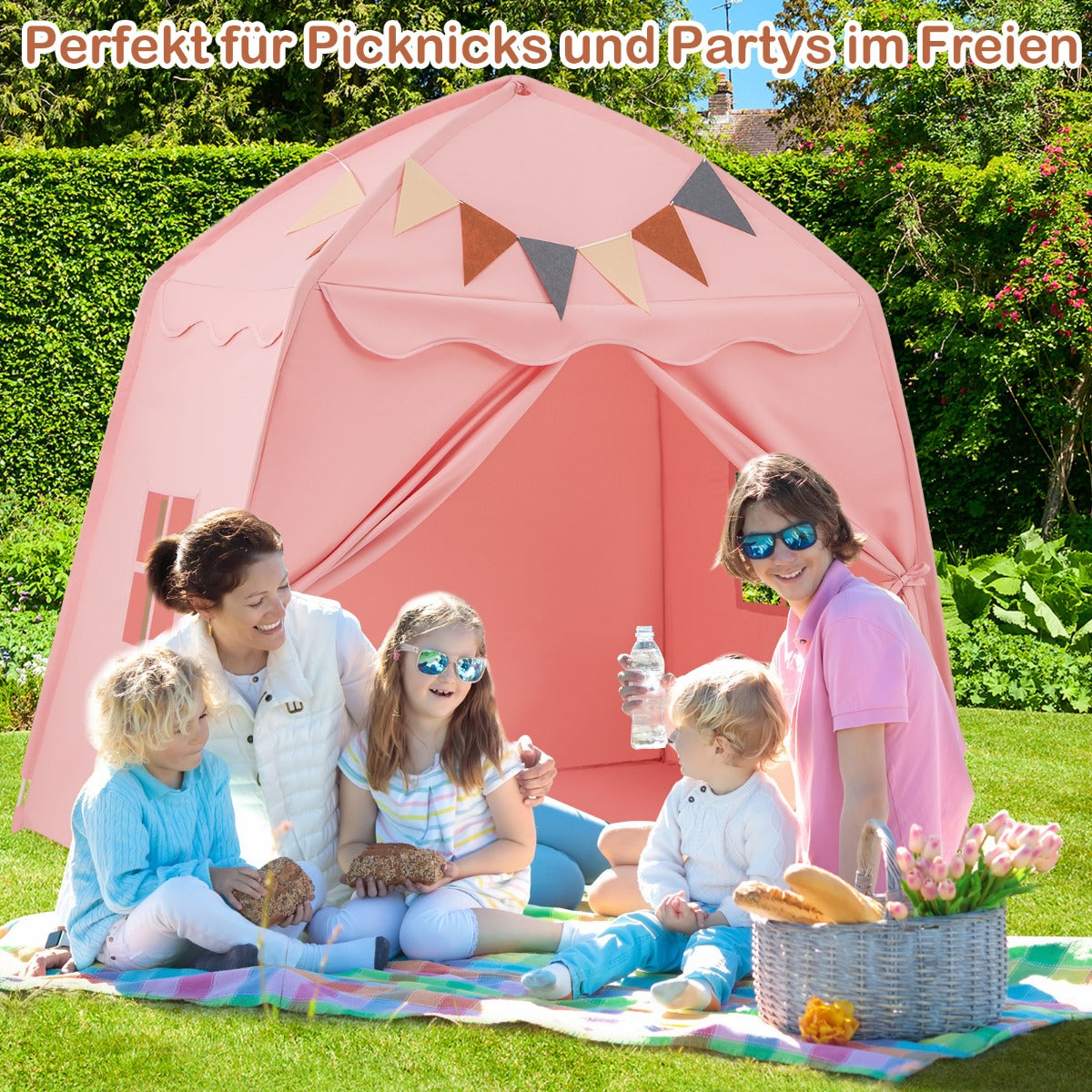 Lekstuga – Barn inomhus med flaggor och Fairy Lights Princess Lektält – Rosa