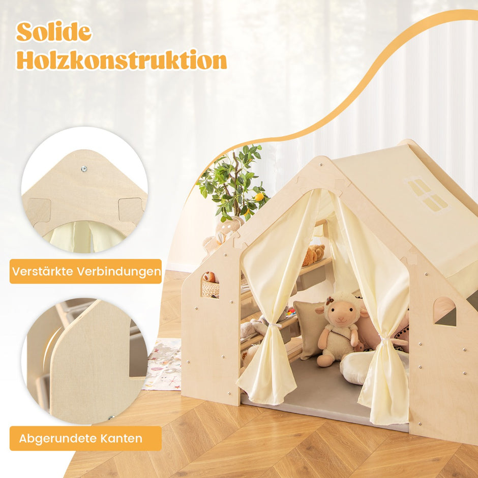 IN Träbarntält – med barnbord och stol matta tavla lekstuga – 6 1 145 x 98 x 113 cm – Natur