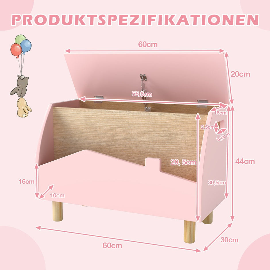 Leksakslåda – i trä med hyllplan lock – 60 x 30 x 44 cm – Rosa