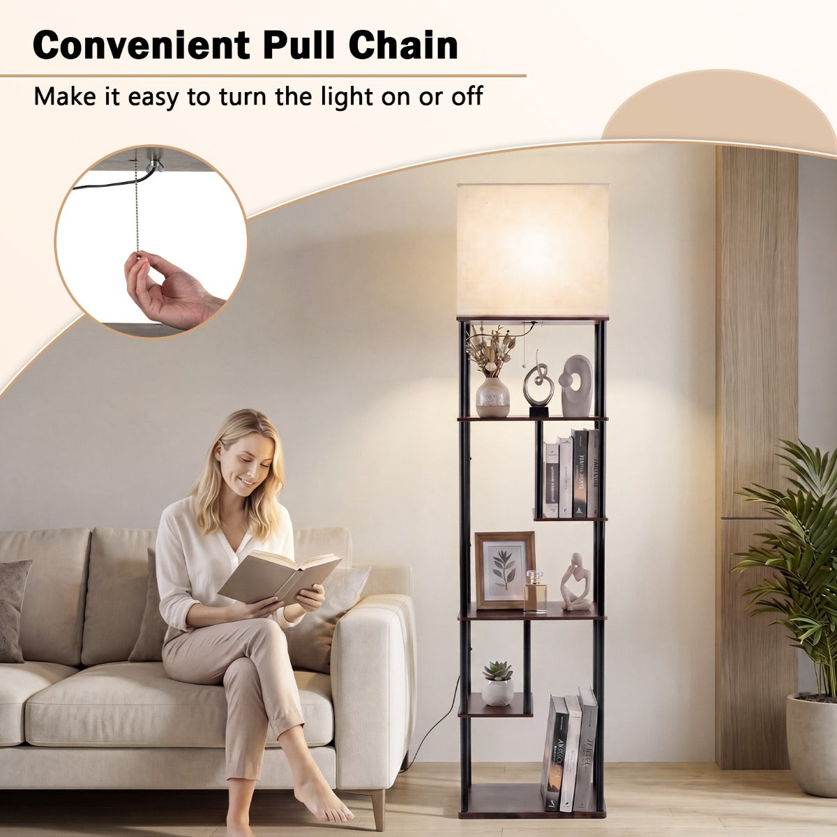 Stående – lampa med hylla Hög hyllor Modern lampskärmar – 172 cm 5 – Beige + Svart