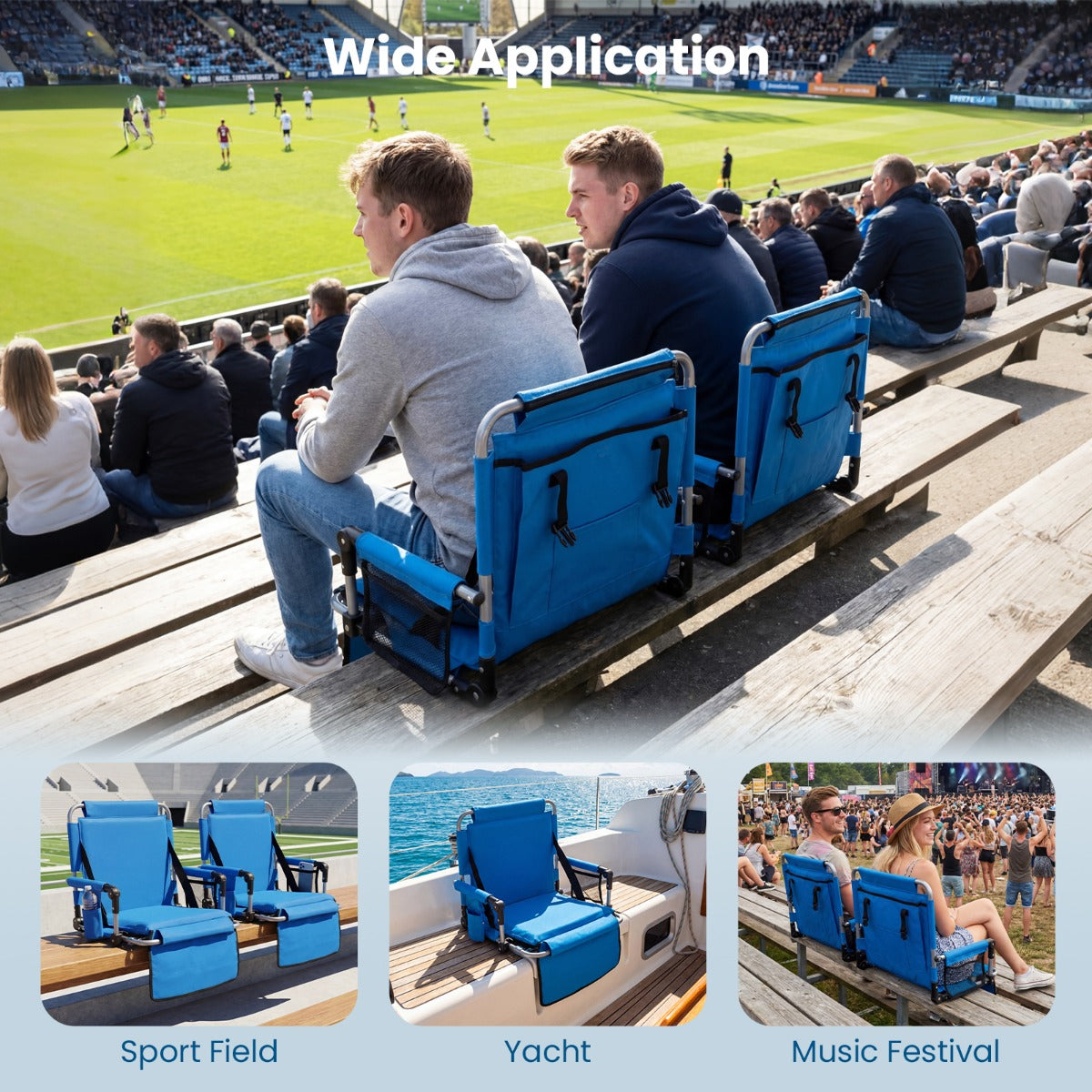 Stadionsäte: – Hopfällbar Utomhus Golvstol med Ryggstöd och Armlännar Polstrad Sittdyna – Blå