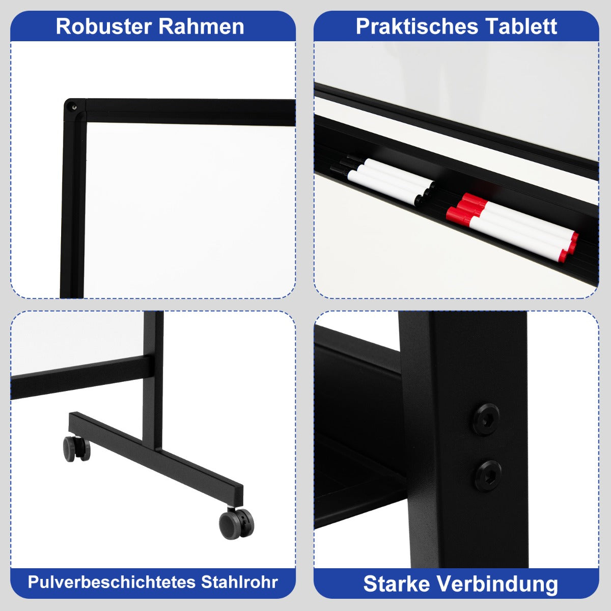 Dubbelsidig – magnetisk mobil whiteboard rullande för kontor – Svart