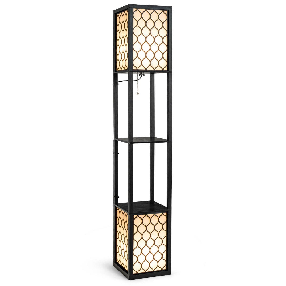 Golvlampshylla – Fristående dubbellampa med trähylla och vit lampskärm – 26 x 26 x 156 cm – Svart