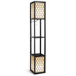 Golvlampshylla – Fristående dubbellampa med trähylla och vit lampskärm – 26 x 26 x 156 cm – Svart