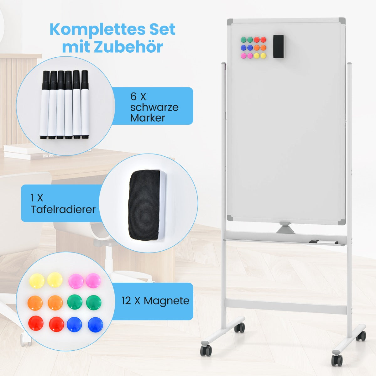 Dubbelsidig – magnetisk skrivtavla med hjul och stativ pennfack – 60 x 100 cm – Vit