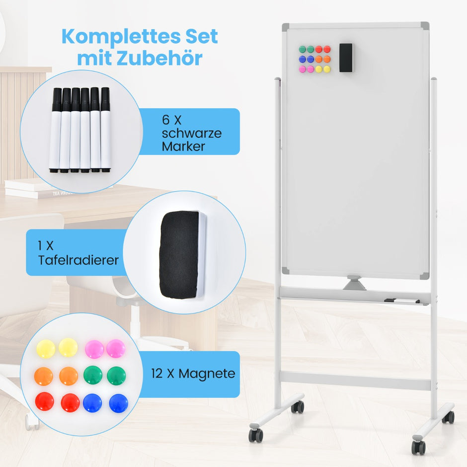 Dubbelsidig – magnetisk skrivtavla med hjul och stativ pennfack – 60 x 100 cm – Vit