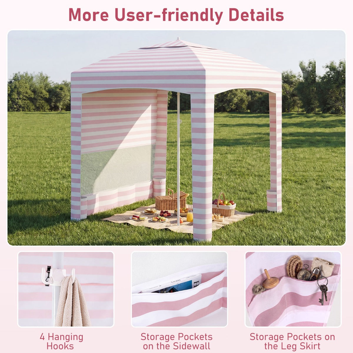 Strandtält, – höjdtjusterbart, med sidovägg, sandkassar och bärväska perfekt för camping – 185 x 185 cm – Rosa