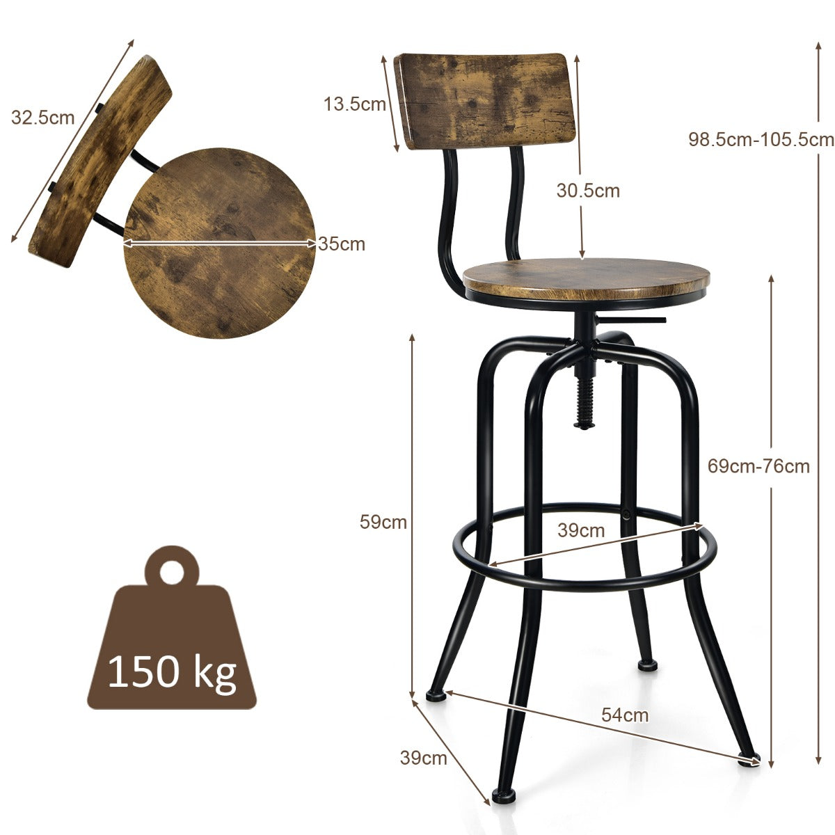 Barstol – Industrial Set med Roterbar och höjdjusterbar – 2 – Brun