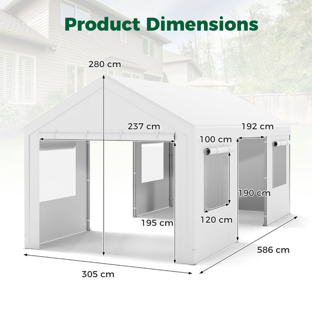 Vinterfast – Tältgarage med Avtagbara Sidoväggar och Rullportar Ventilerade Fönster Carport – Vit