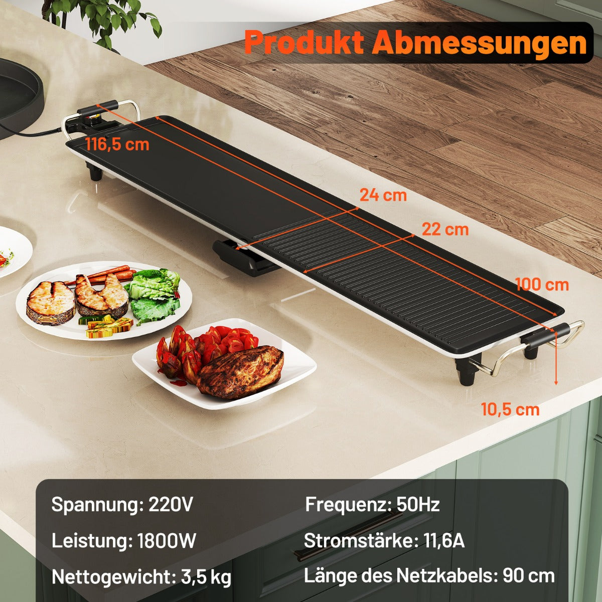 Teppanyaki – Grill 1800W Elektrisk Non stick med Justerbar Temperatur Termostat och Fettuppsamlare – 100 cm – Svart