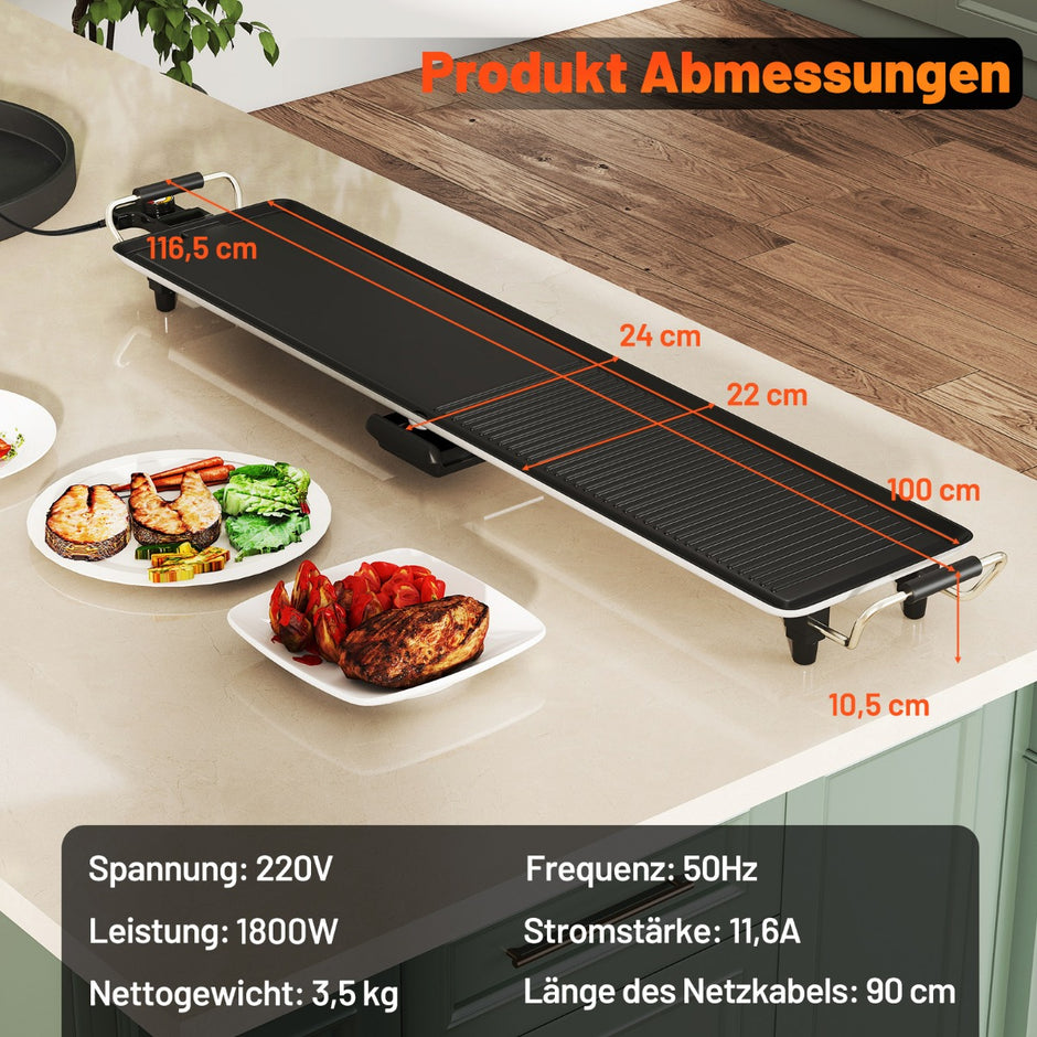 Teppanyaki – Grill 1800W Elektrisk Non stick med Justerbar Temperatur Termostat och Fettuppsamlare – 100 cm – Svart