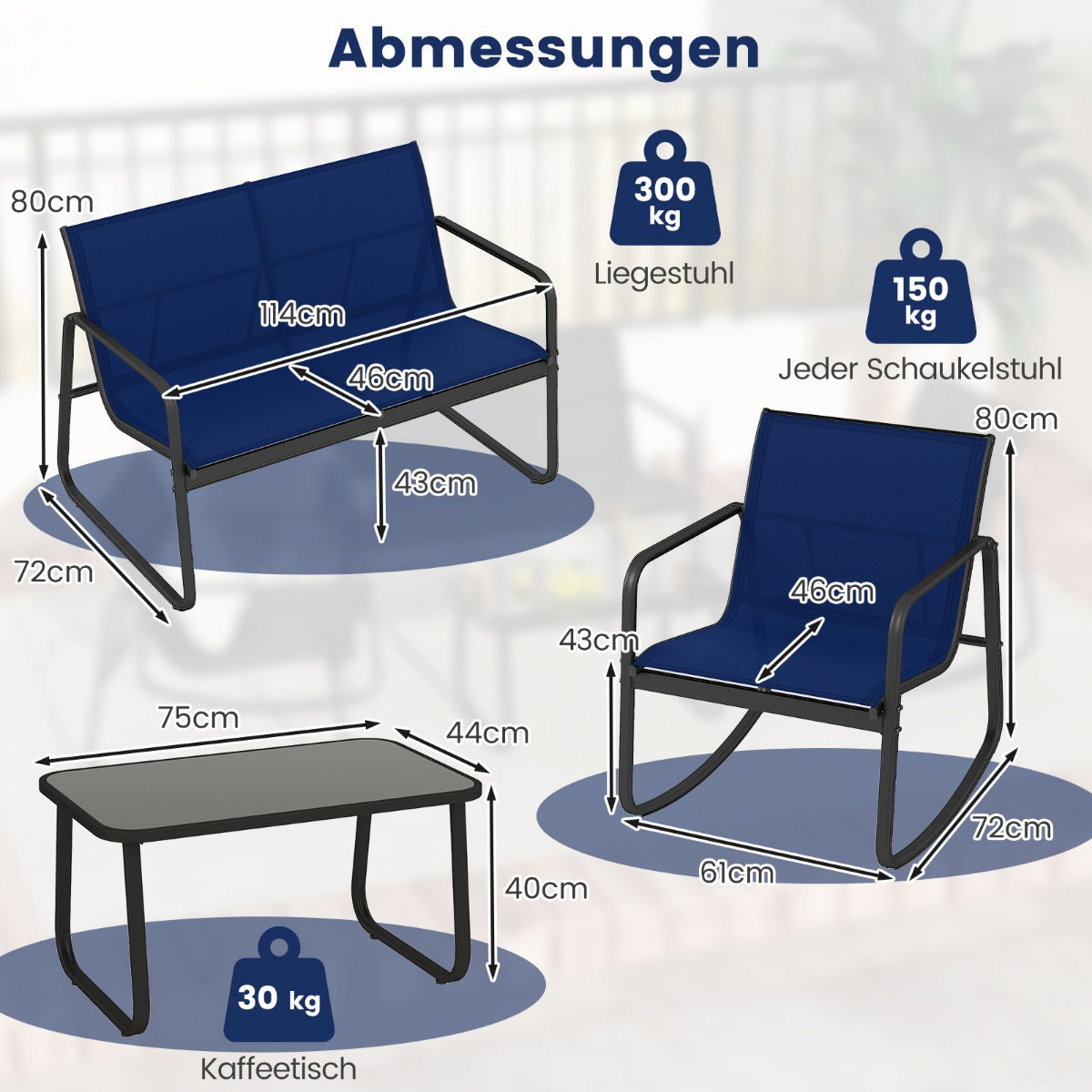 delat – trädgårdsmöbelset terrassmöbler med mjuk gungande rörelse sittgrupp sittgarnitur för personer – 4 4 – Blå