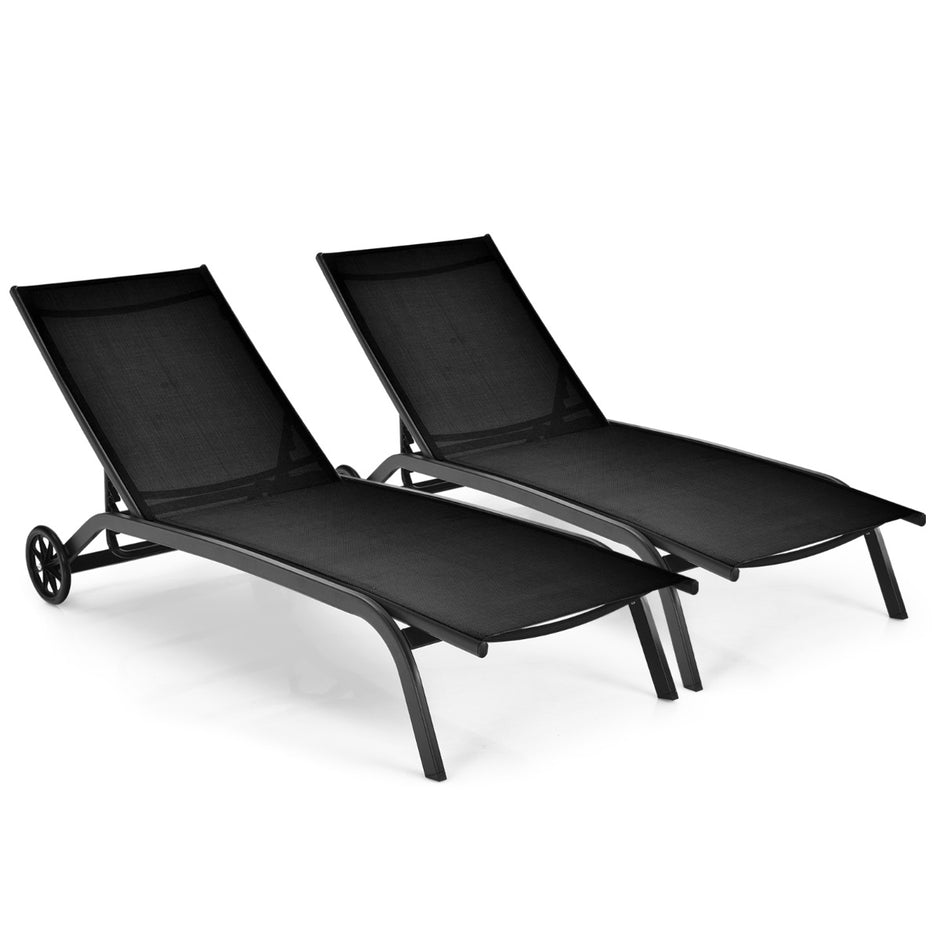 set – Justerbar utomhusliggare med hjul och snabbtorkande tyg för pool trädgård – 2 – Svart