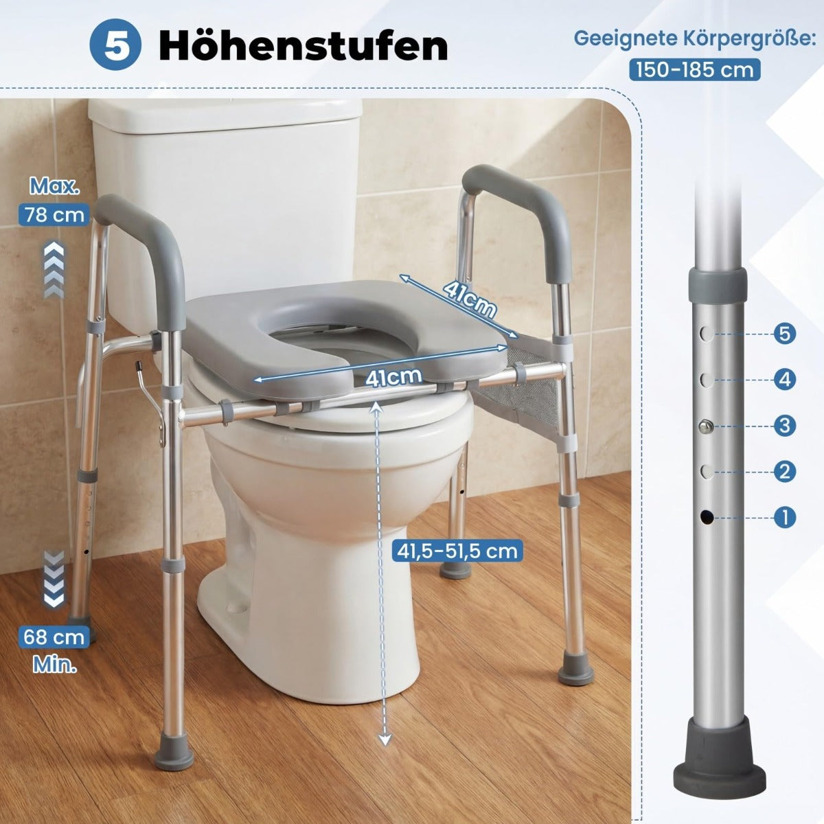 Toalettstolsförhöjning – med handtag, vadderad sits och aluminiumram – Silver