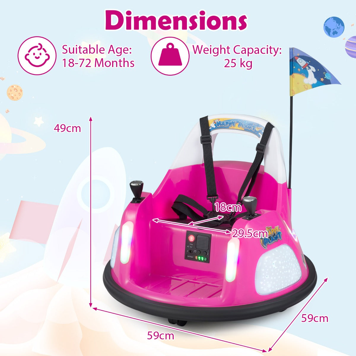 12V – barnbumperbil, batteridriven bil med blinkande lampor och fjärrkontroll, – . – Rosa