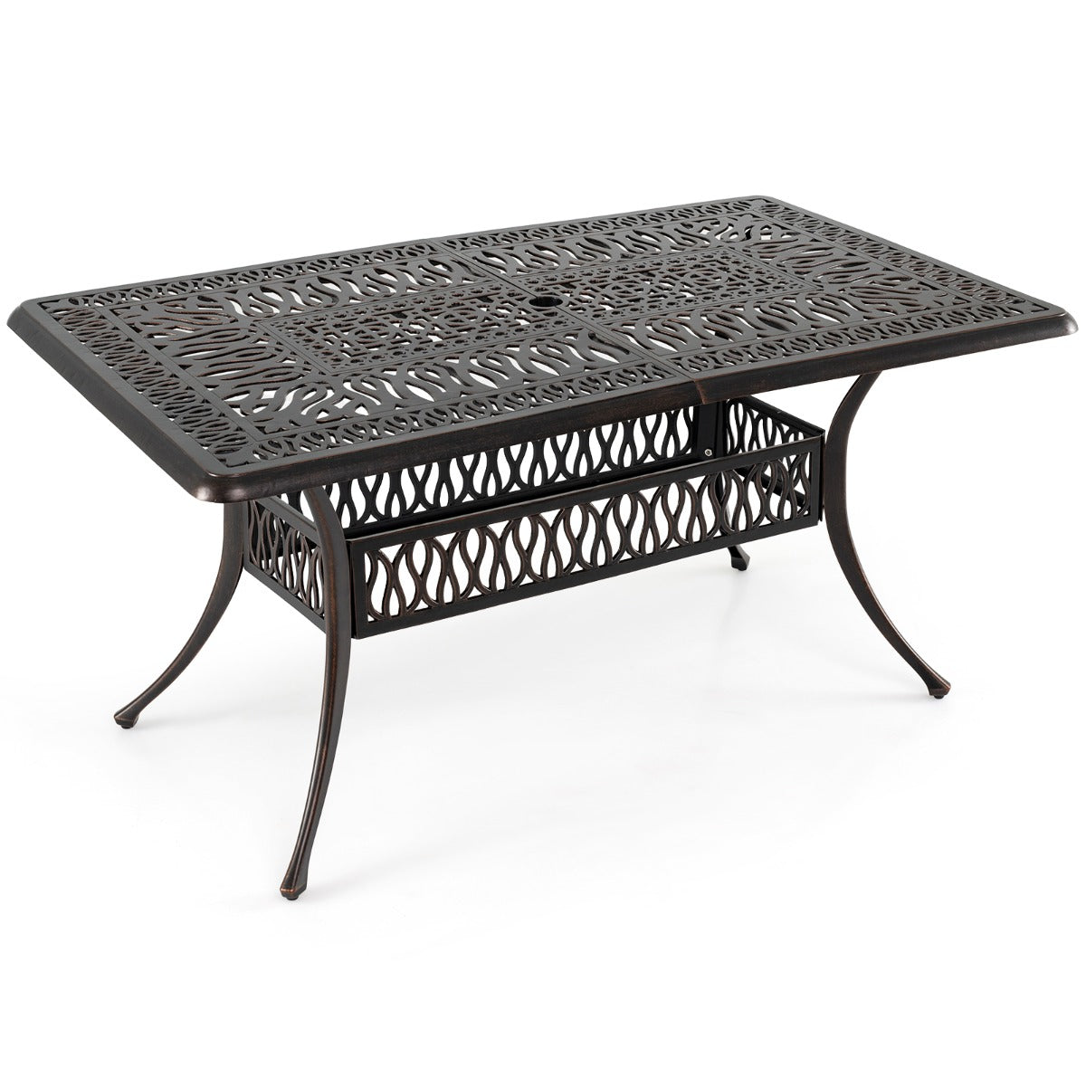 Trädgårdsbord – med hål för parasoll i gjuten aluminium, väderbeständigt terrassbord/balkongbord – 151 x 91 cm – Brons