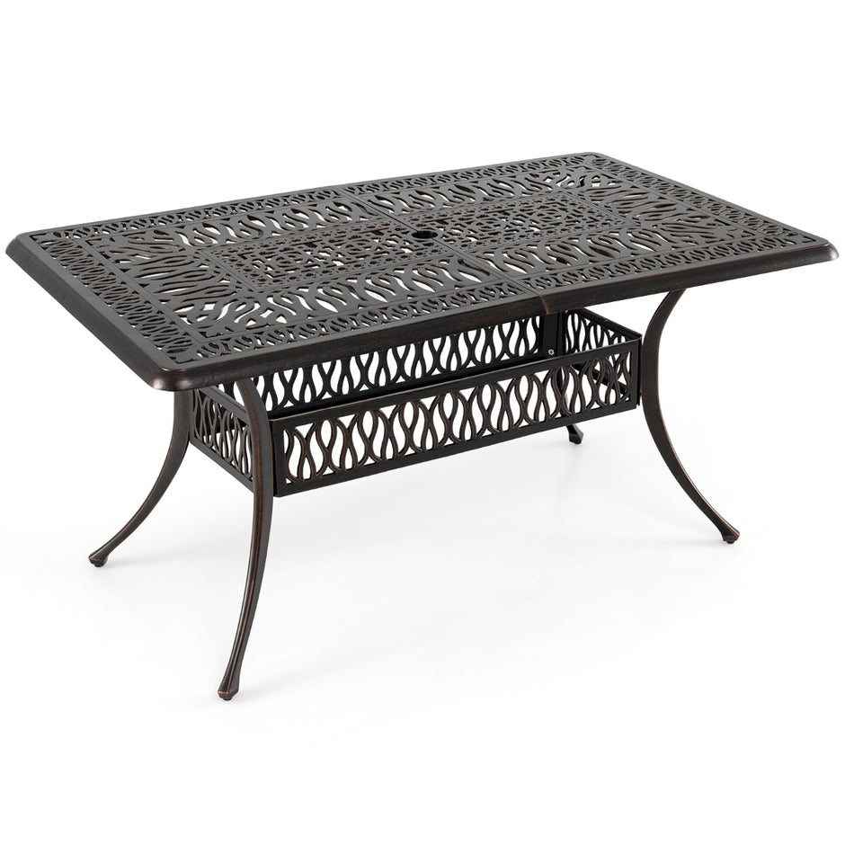 Trädgårdsbord – med hål för parasoll i gjuten aluminium, väderbeständigt terrassbord/balkongbord – 151 x 91 cm – Brons