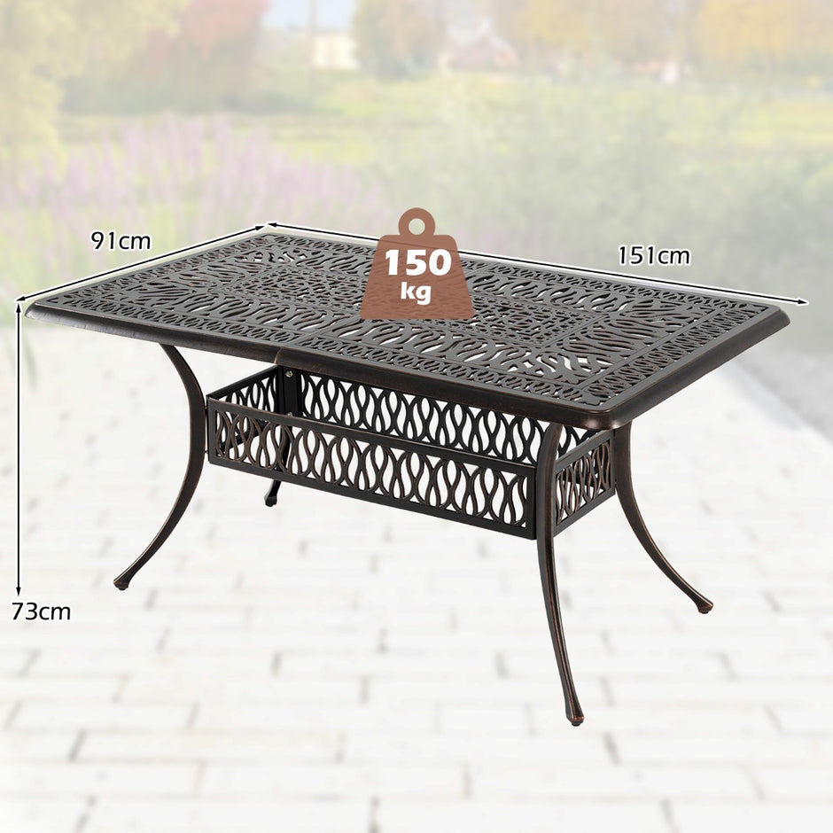 Trädgårdsbord – med hål för parasoll i gjuten aluminium, väderbeständigt terrassbord/balkongbord – 151 x 91 cm – Brons