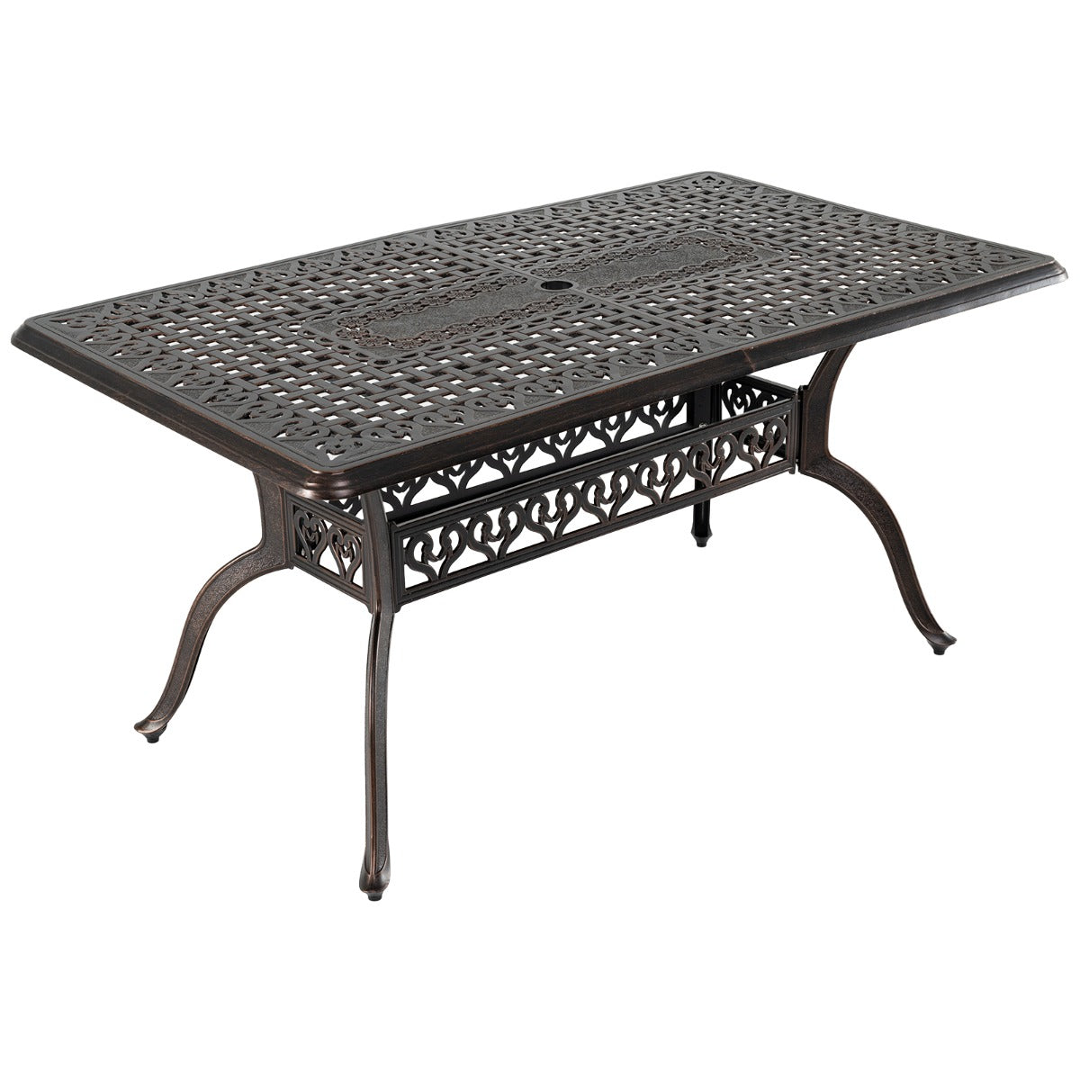 Trädgårdsbord – med parasollshål i gjuten aluminium, väderbeständigt terrassbord och balkongbord – 150 x 90 cm – Brons
