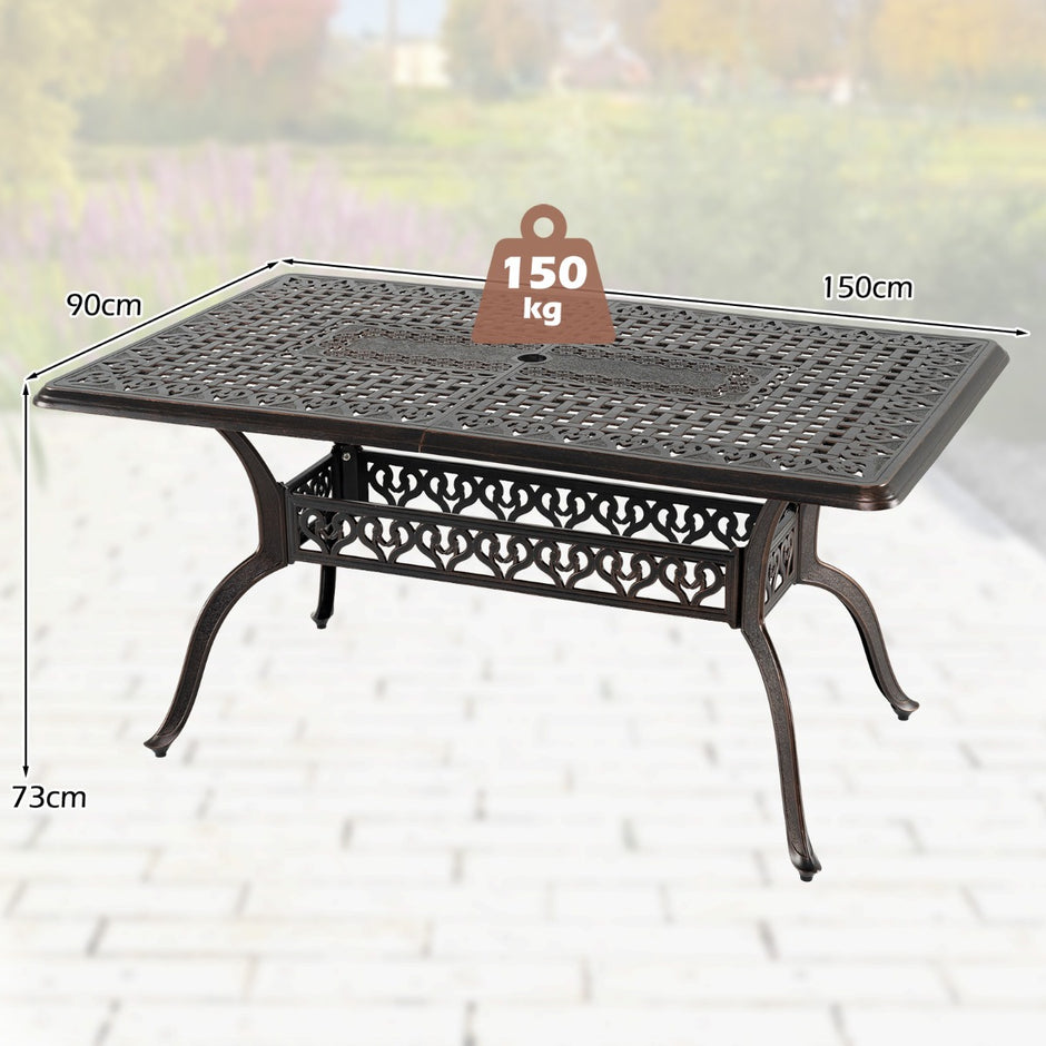 Trädgårdsbord – med parasollshål i gjuten aluminium, väderbeständigt terrassbord och balkongbord – 150 x 90 cm – Brons